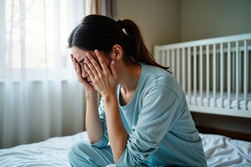 Frau sitzt auf Bett mit Händen vorm Gesicht